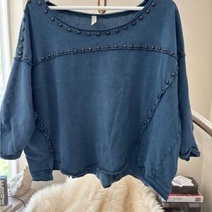 Free People Blue Oversized Embellished Sweatshirt